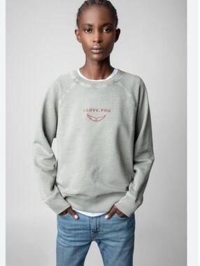 Zadig & Voltaire gray mineral wash "I love you" embroidered sweatshirt